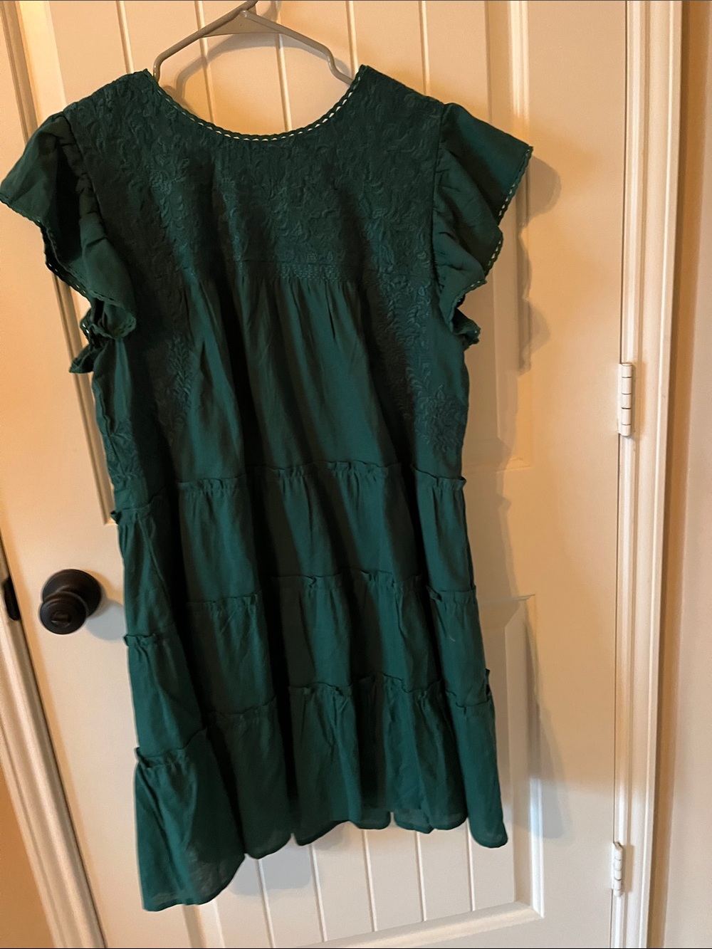 Forest Green Tiered Mini Dress with Embroidered Yoke - Picture 4 of 4